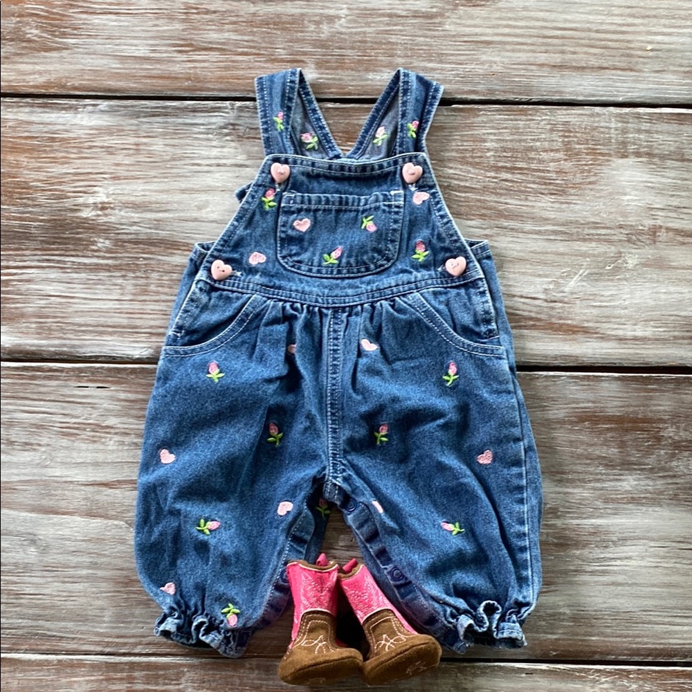 Vintage Denim 3-6 Month Floral & Hearts Embroidery Baby Overalls & Cowgirl Boots